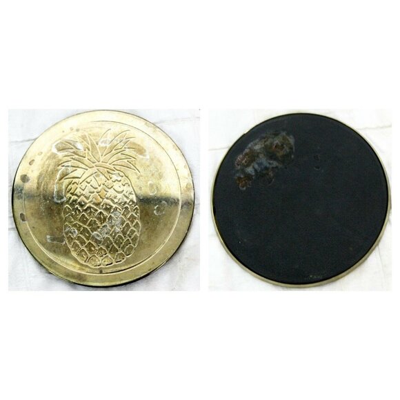 Set of 6 VTG Pineapple Etched Drink Coasters & Stand Gold Metal Barware Table - Picture 4 of 9